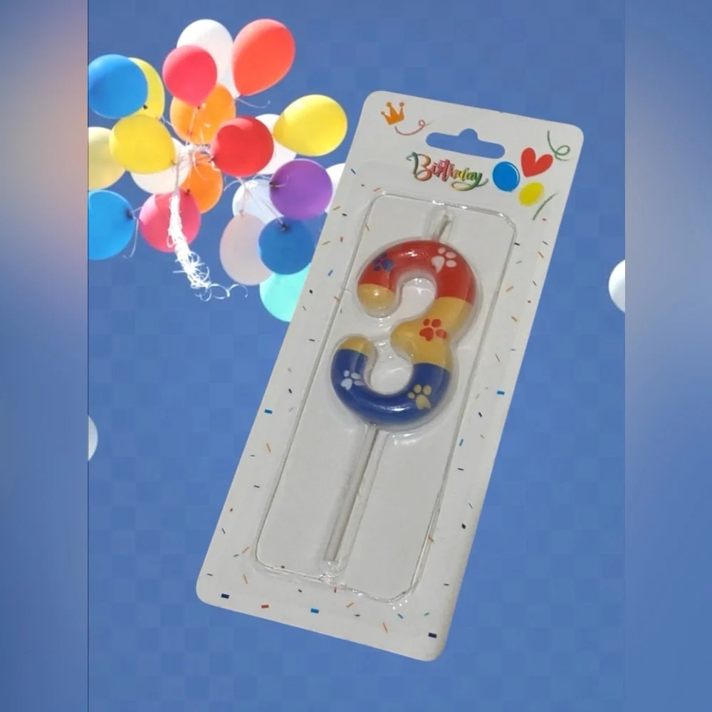 Colorful Number 3 Dog Paw Birthday Party Candle Cake Topper - Red, Yellow, Blue